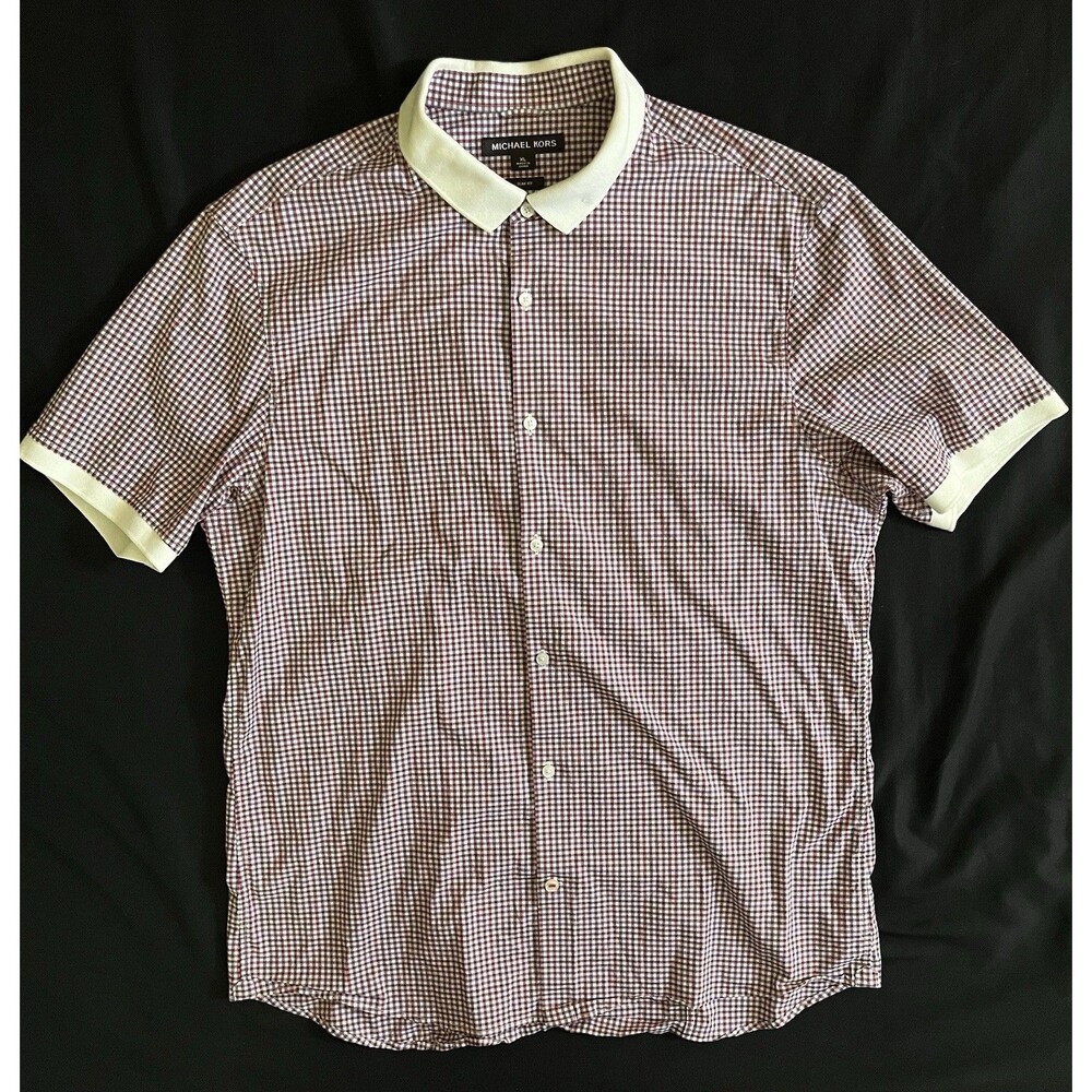 Michael Kors Shirt XL Slim Fit Men Gingham Check Short Sleeve White Knit Collar